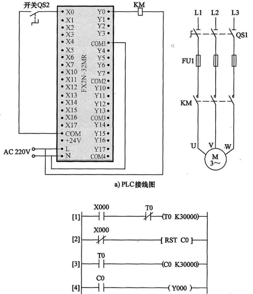 定时器与计时器组合延长定时控制的PLC线路与梯形图