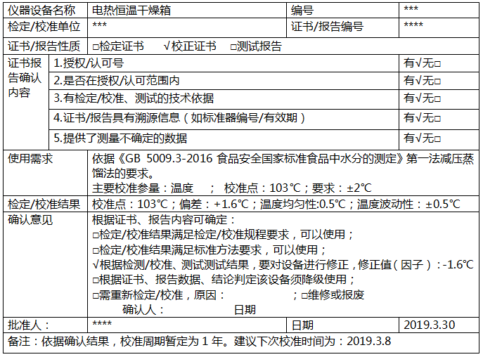 电热恒温干燥箱校准确认记录